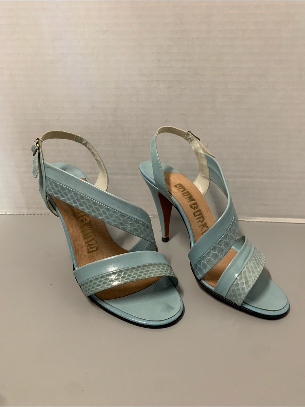Adam Burke 70's Vintage Light Blue Leather Strappy High Heel Sandals Size 7.5B